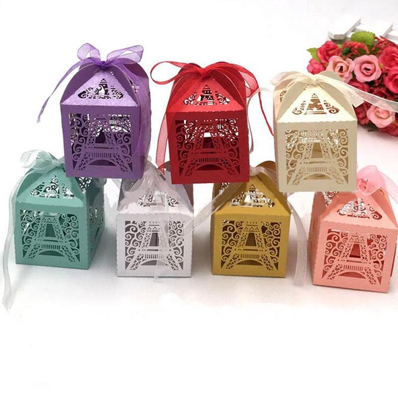 

50pcs Hollow Tower Wedding Candy Box Sweets Gift Favors Boxes With Ribbon Party Decoration Wedding Birthday Party Event Supplies