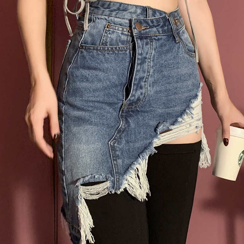 

2021 New Recommended Fashion-style Denim Skirt Above the Knee High Waist Women's Jagged Skirts AIZN, Blue