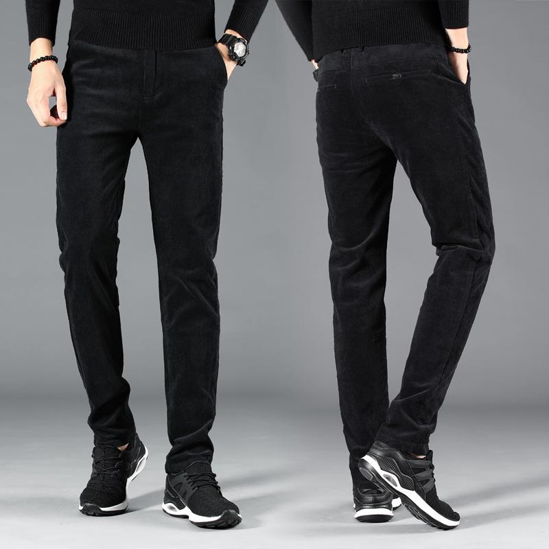 

Autumn Winter Newly Designer Fashion Men Jeans Elastic Slim Fit Casual Corduroy Pants Thick Velvet Warm Smart Suit Trousers, Black