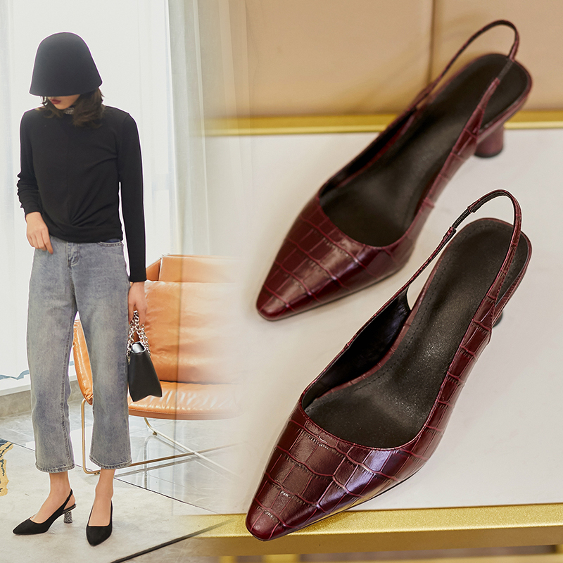 

2021 Genuine Female Sandals Plus Size 22-26.5cm Pattern of Stone Engraving Lambskin Insoles Shoes Internet XGVN, Red wine
