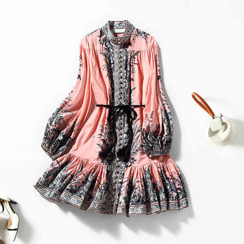

Casual Dresses early spring Shenzhen Nanyou high end ladies printed cotton dress single breasted cardigan middle skirt 0XIE, Pink