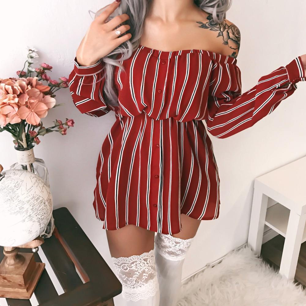 

2021 New Autumn Sexy Off the Shoulder Striped Shirt Women Long Sleeve Slash Neck Mini Female a Line Party Club Vestidos Vmoq, Black