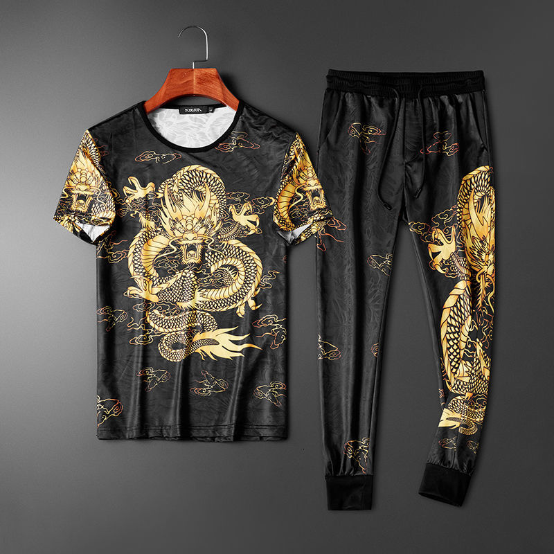 

Plus Size Streetwear Hip Fashion Dragon Imprint Summer Pieces Around the Neck Shirt Male Suit Kamh, Black