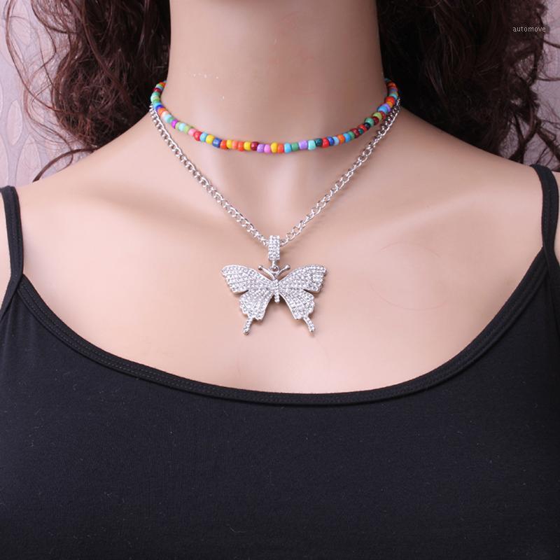 

Double Layer Necklace Fashion Rhinestone Butterfly Pendant Chain Necklace Colorful Bead Women Jewelry Accessories1