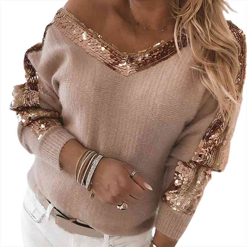 

Autumn Winter Sweater Women Sexy V Neck Long Sleeve Sweater Sequins One Shoulder Jumpers Pullover Girls, White;black