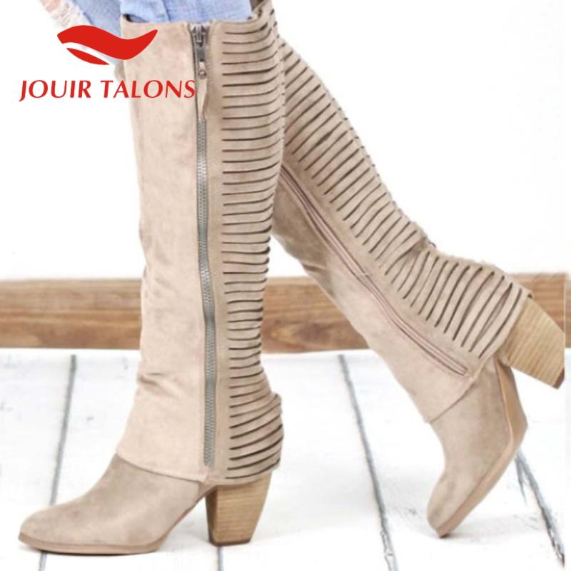 

JOUIR TALONS High Quality Shoes Woman Brand New Vintage Round Toe Chunky Heels Western Boots turned-over Edge Knee High Boots, Black