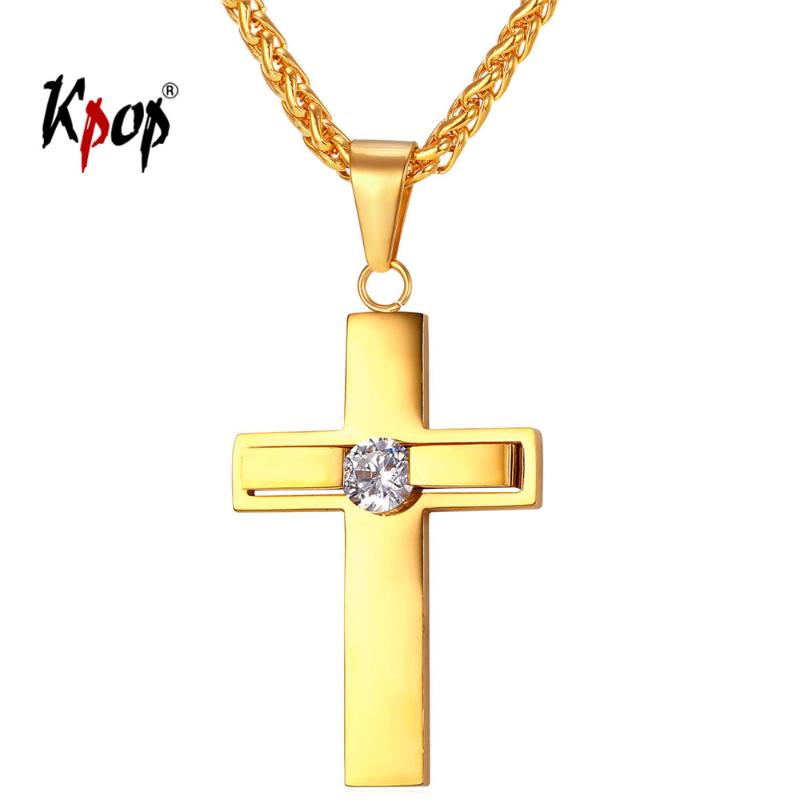 

Kpop Cross Necklace Christian Religious Jewelry Stainless Steel Gold Color Zirconia Cross Crucifix Pendant Necklace Men P2250