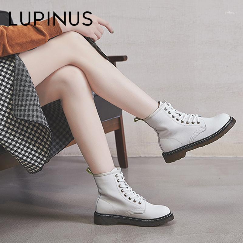 

LUPINUS Women Chunky Heel Ankle Boots White Brown Black Lace-up Boots British Style Locomotive British Style1