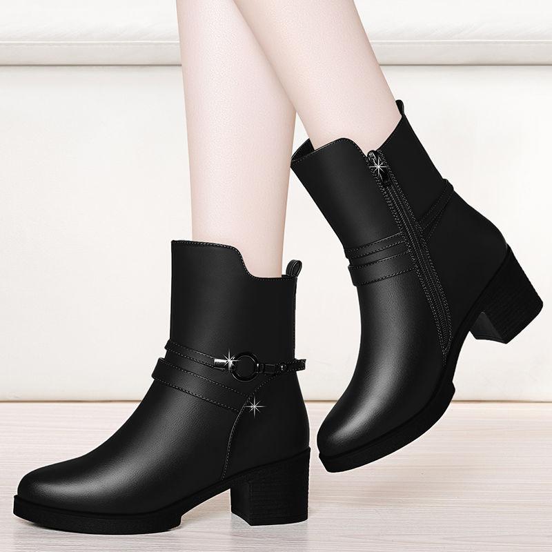 

High Quality Soft Leather Autumn and Winter Short Boots Women's Shoes Thick Heel Boots High Heel Plus Cashmere Cotton, Black