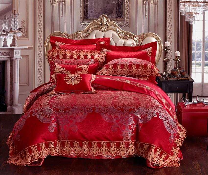 

4/6/10Pcs Luxury Cotton Satin Lace Red Wedding Bedding set Queen King size Duvet cover Bed/Flat sheet bed spread set Pillowcase1