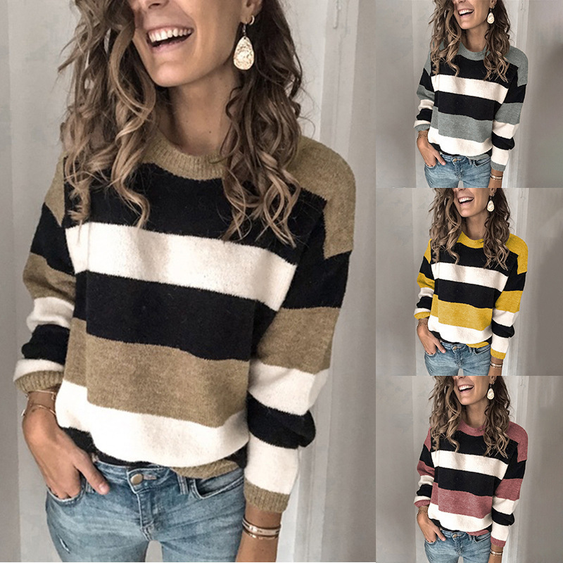 

2021 New Autumn/winter Blouses with Contrasting Colors Stripes Female Mesh Sweater CVNO, Khaki.