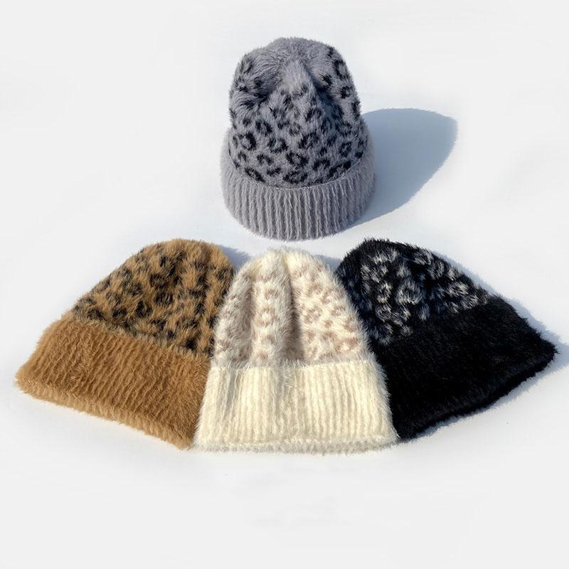 

Faux Mink Hair Leopard Beanie Hat Women Soft Cozy Warm Knitted Skullies Caps Fashion Street Hemming Hats Elastic Winter 4 Colors, Beige