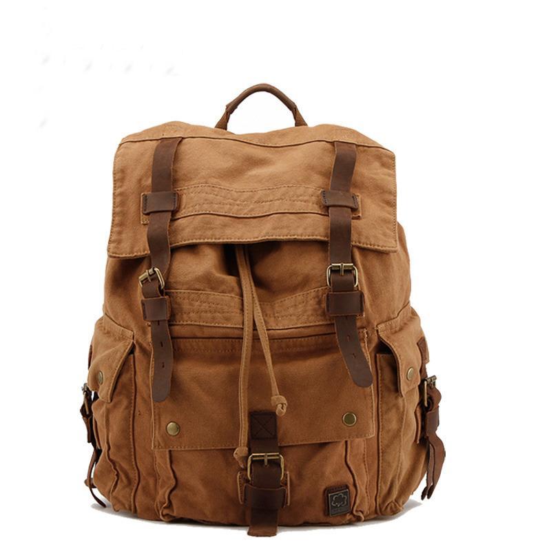 

Korean style of military men leather tarp knapsack hiking backpack boy canvas school backpacks travel bag, Khaki