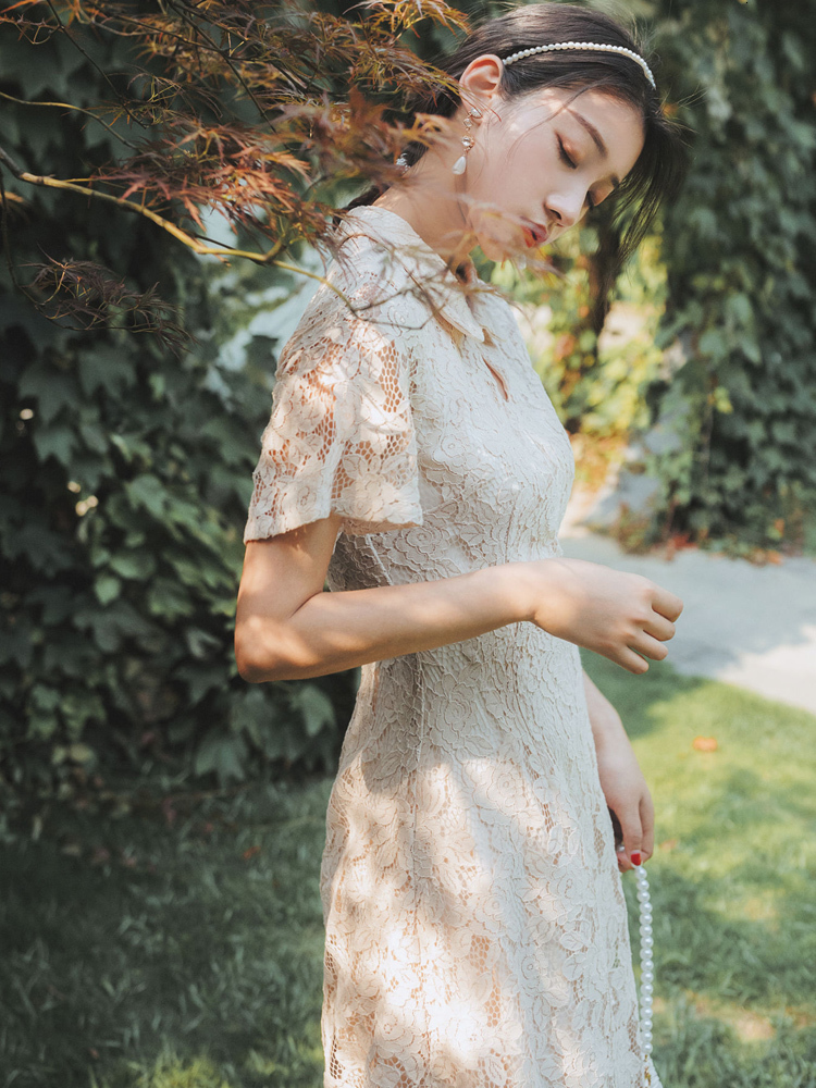 

2021 Elegant Short Sleeve Beige Length Ankle-length Summer Lace Long Women' Dress Fitting and Enlargement 1c19, Blue