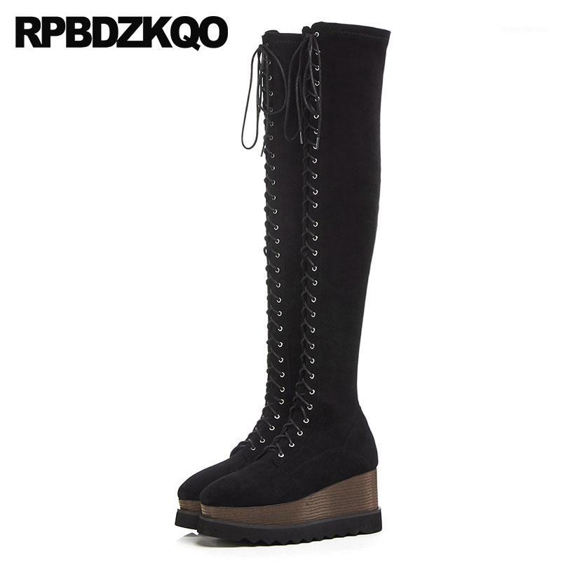 

Big Size Winter Over The Knee Black Wedge High Heel Stretch Square Toe Shoes Muffin Flatform Thigh Suede Slim Women Boots1