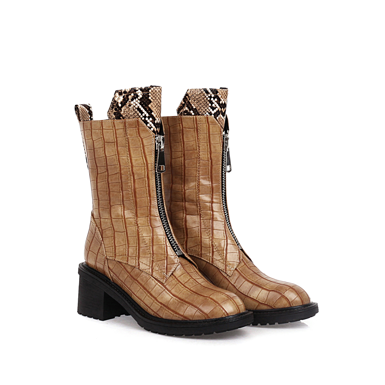 

Female super fine ankle boots fiber 22-25 in autumn length and winter short standard stone booties + snake pattern frontal zipper 0LLM, Black-winter