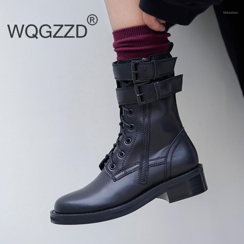 

New winter Motorcycle boots women's shoes genuine leather Buckle decoration British style shoes women's ankle boots Bottes femme1, Black cow leather