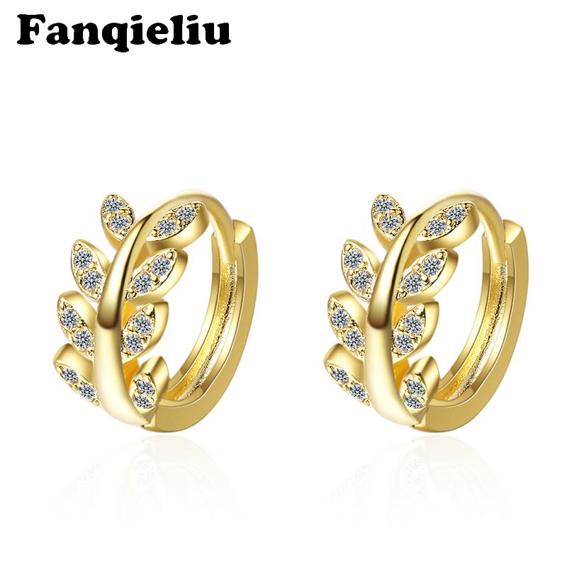 

Fanqieliu Gifts Retro Crystal Earring Girl Gold Olive Leaves Hoops Women 925 Sterling Silver Earrings Hoop For Women FQL20122