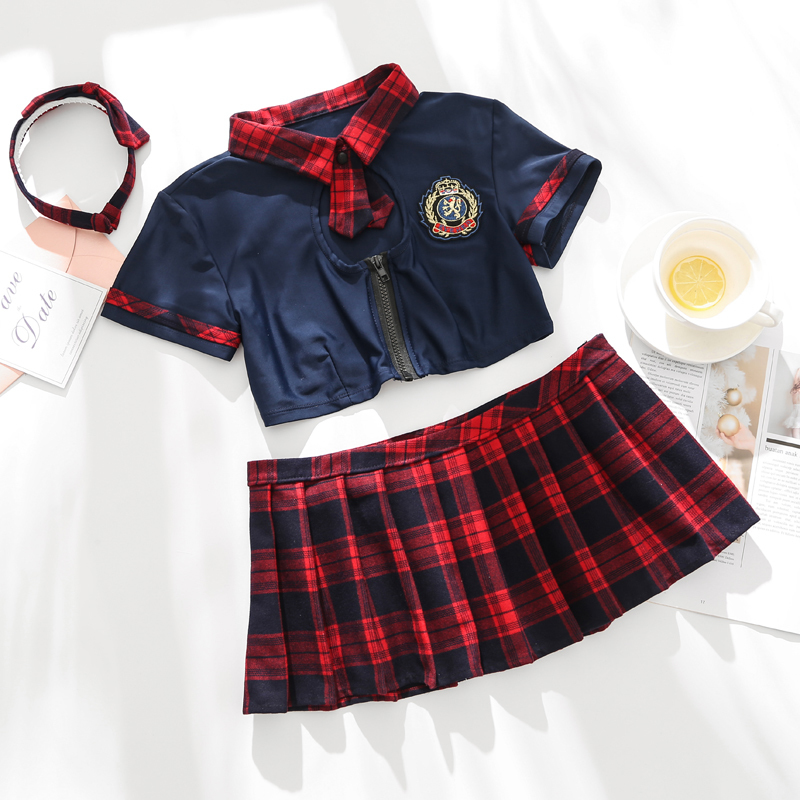 

Sexy keyhole school girls'uniform ladies' college girls in front tie mini dress red skirt exotic role play outfits, Red three-piece set.