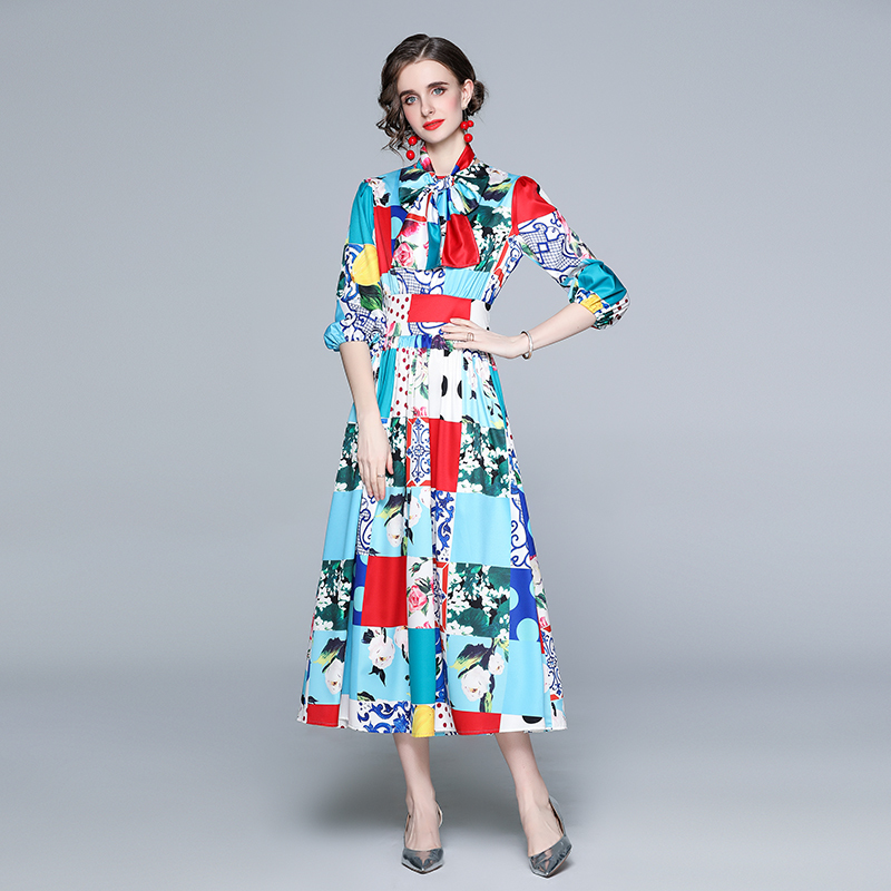 

New 2021 Spring Summer Fashion Runway Bow Women's Long Sleeve Casual Dot Print Holiday Vacation Pleated Midi Iz9d, Blue