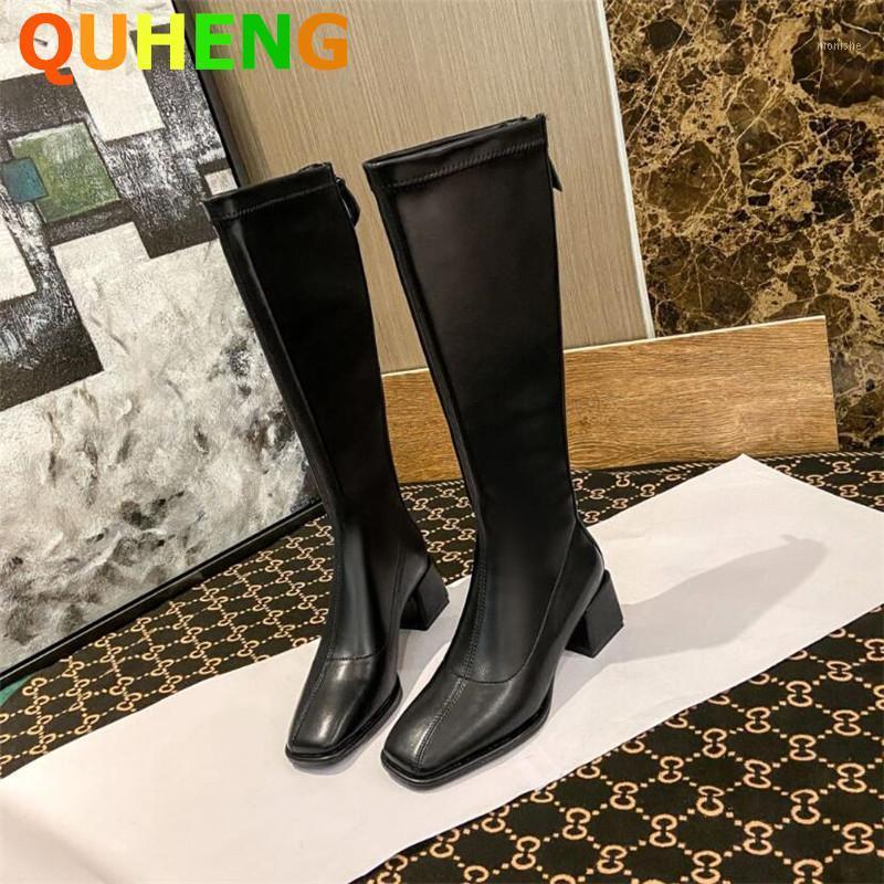 

Winter 2020 New Square Head Long Tube High Heel Leather Boots Fashion Back Zipper Casual Thick Heel Keep Warm Plush Women's Boot1, Black