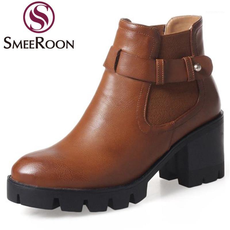 

Smeeroon fashion ankle boots round toe autumn winter boots platform comfortable thick high heels ladies buckle shoes1, Dark brown not fur