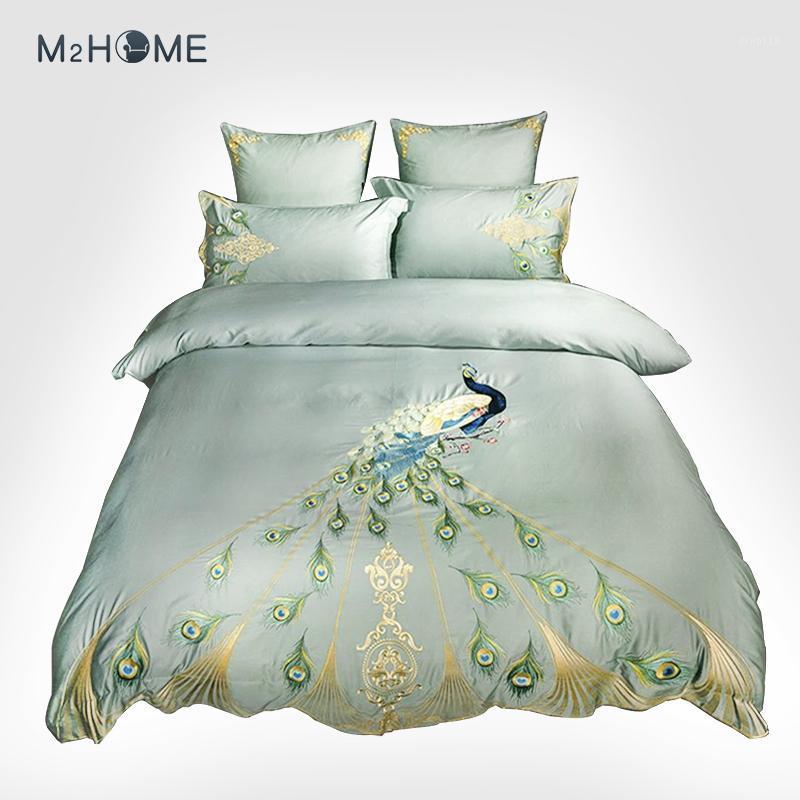 

Embroidery Luxury Bedding Set Queen King Size Duvet Cover Bed Sheet Set 600TC Egyptian Cotton Peacock Pattern1