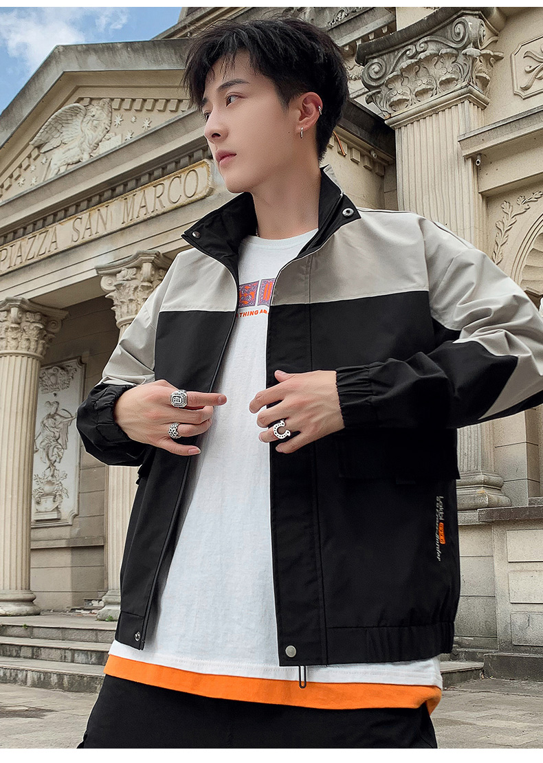 

Black Male Han Edition Tide Fall Color Matching Jacket Handsome Men'S Fashion Casual Jacket
