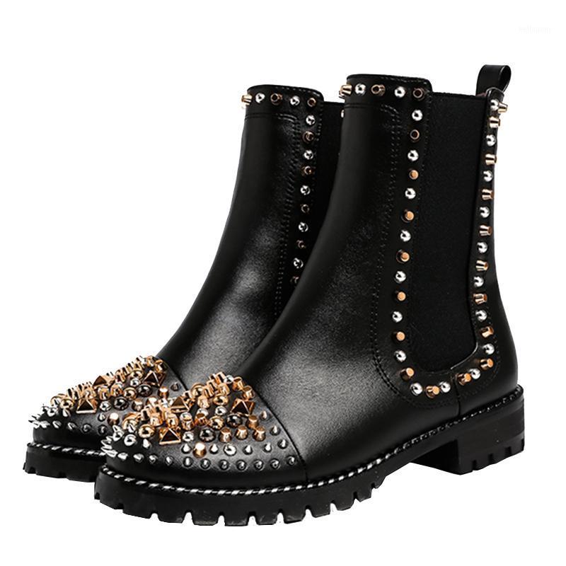 

Women Metal Rivets Studs Round toe Boots Bling Slip on Ankle Boots Shoes Ladies Black Leather Spike Motorcycle Bottines1, Single inside