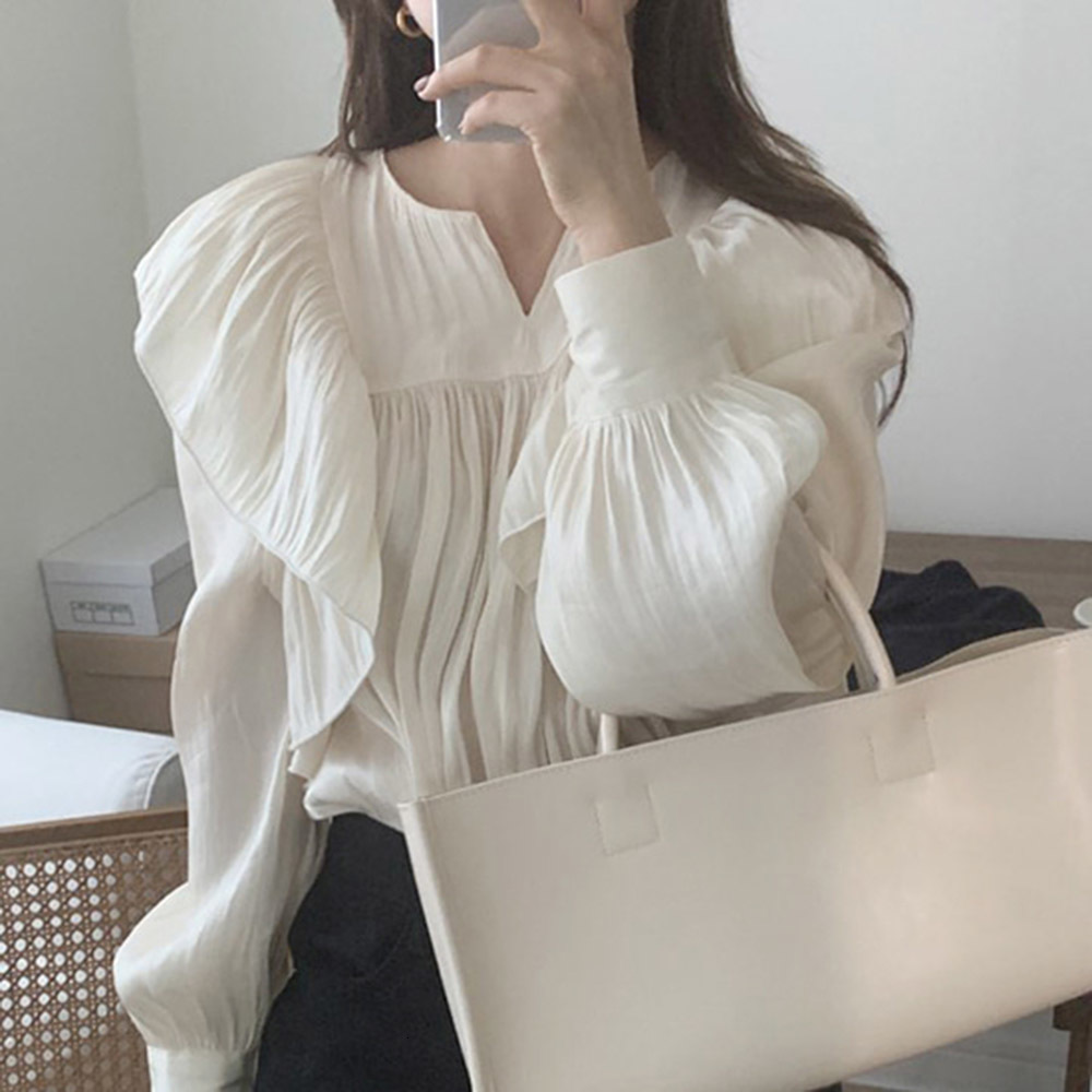 

2021 Japan Style Blouse Spring Autumn New Korean Fashion Loose Simple Designer Thin Best Ruffle Long Sleeve H8B9, Beige