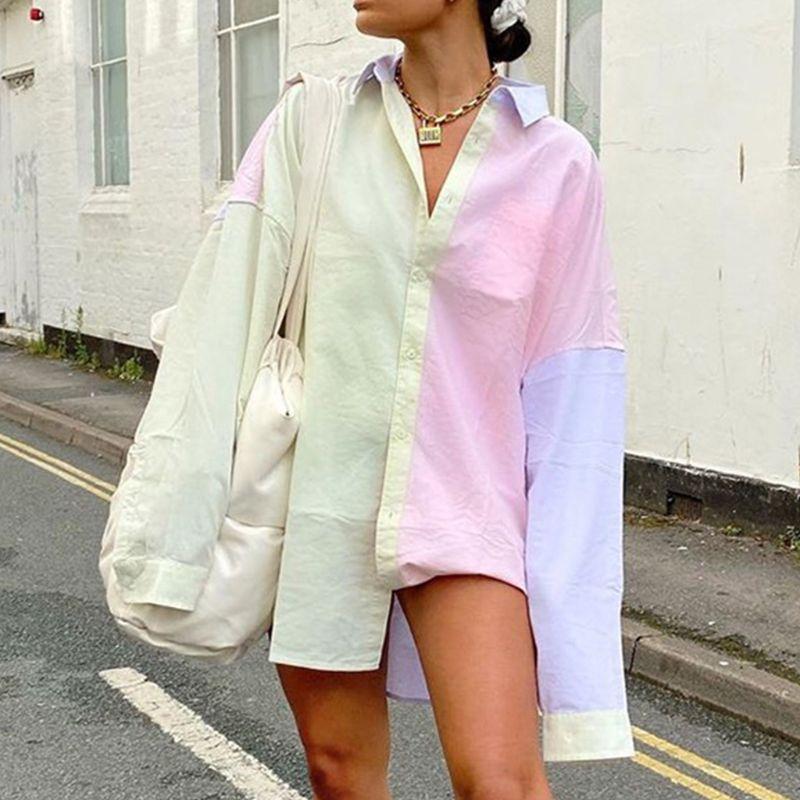 

Women Autumn Long Sleeve Lapel Buttons Blouse Harajuku Color Block Patchwork Oversized Tunic Tops Boyfriend Shirts, As pic