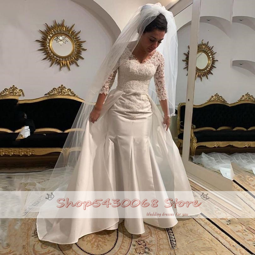

2021 New Luxo 3/4 Sleeves Satin Mermaid Lace with Detachable Extensions Sweep Train Wedding Gowns URVG, Ivory