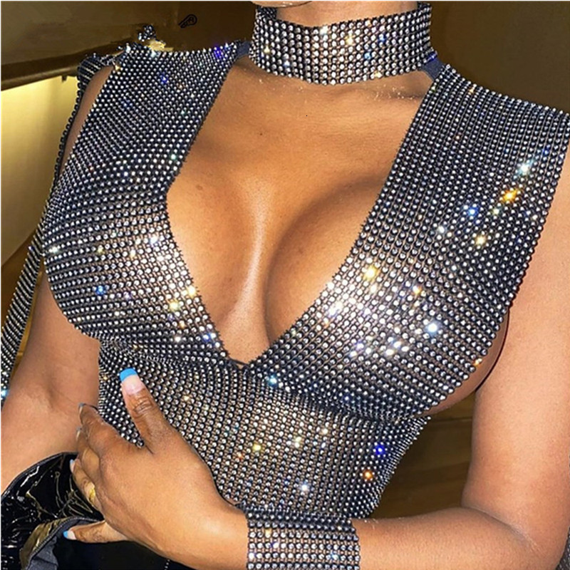 

2021 New Black Glitter Diamonds t Shirt Long Crystal Strass Deep Cleavage on Sexy Female Harvest Thin Night Club Tops 7RFZ