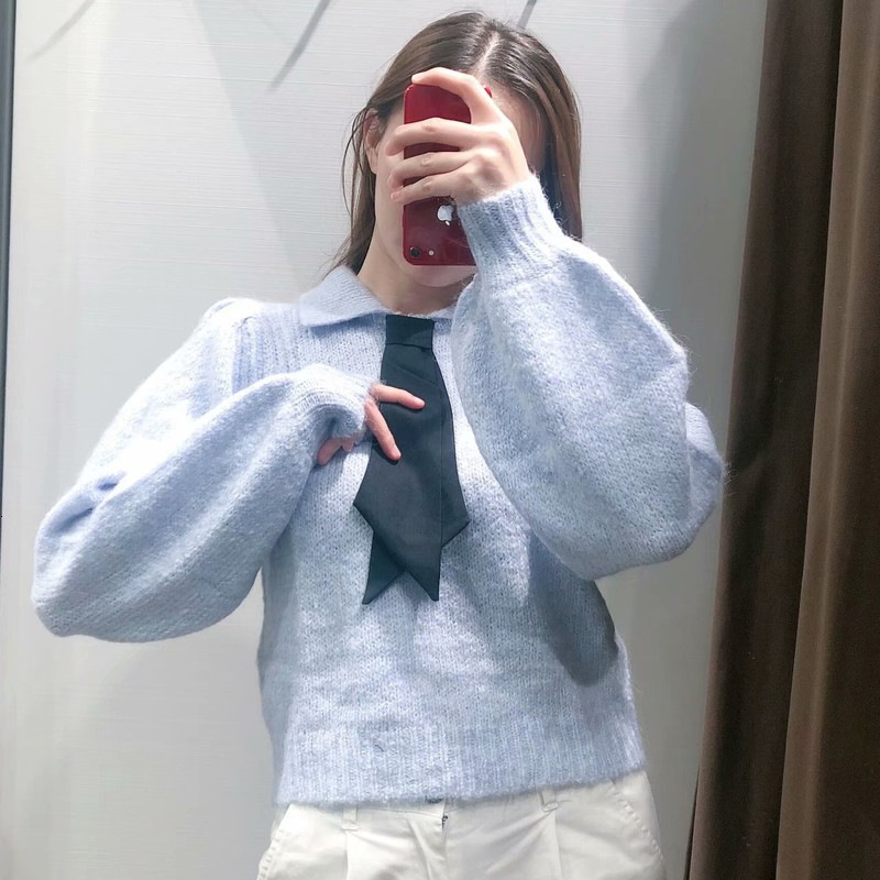 

New Sweet Girl Bow Ties Mesh Sweaters 2021 Girly Spring Chic Jumpers High Street Long Flashlight Basic Sleeves Rz80, Blue