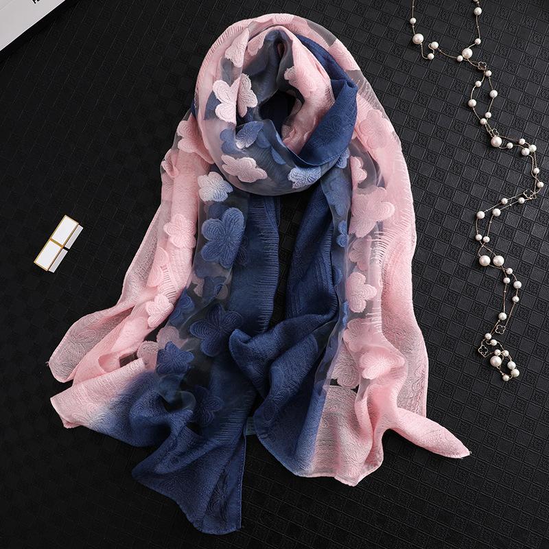 

2020 NEW Fashion Women Cut Flowers Hollow Lace Gradient Flower Silk Scarf Spring Shawls and Wraps Towel Femme Beach Sjaals