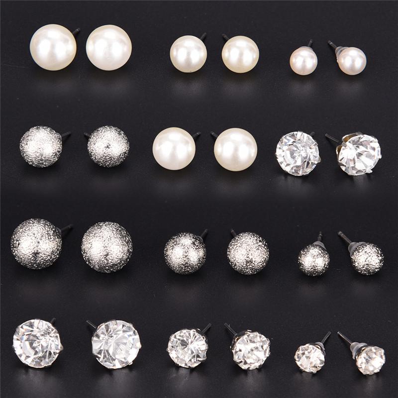 

Stud 9 Pair Vintage Rhinestone Pearl Earrings Set Fashion Ball