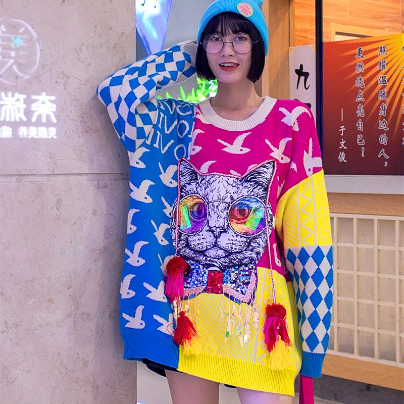 

Europe station 2020 autumn and winter thick jacquard heavy industry sequins cat loose sweater women lazy wind top trend, Orange