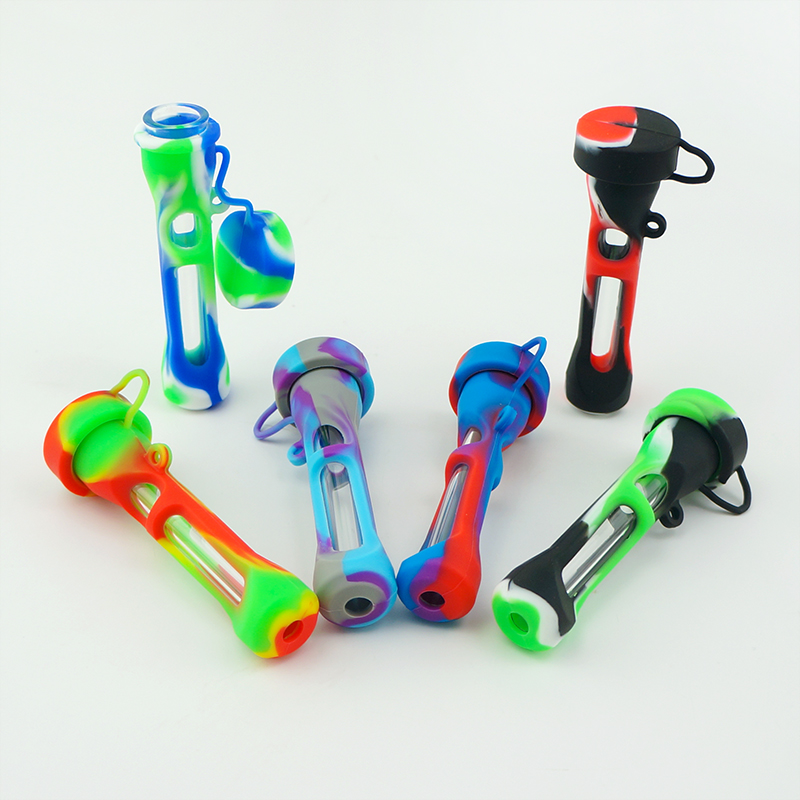 

Hitter Tobacco silicone glass water Mini hand Pipe portable dab rig silicone smoking pipes glass bong smoking accessories 420 Handle Pipes