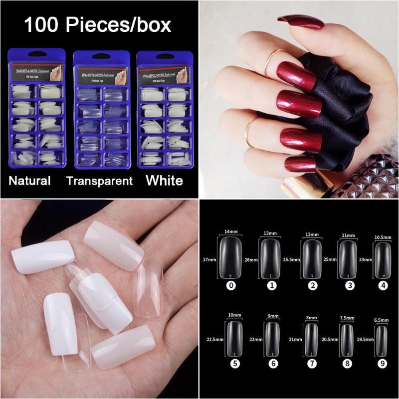 

100pcs/set Full Cover Long False Nails Finger Fake Nails Square Shape Press On Manicure Salon Acrylic Fingernails Tools, Transparent