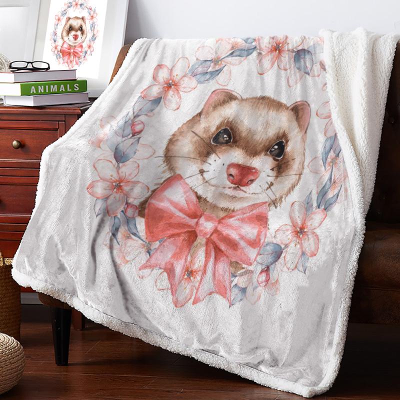

Ferret Wreath Watercolor Painting Fleece Blanket Warm Cashmere Blanket Office Sofa Supplies Blankets for Beds