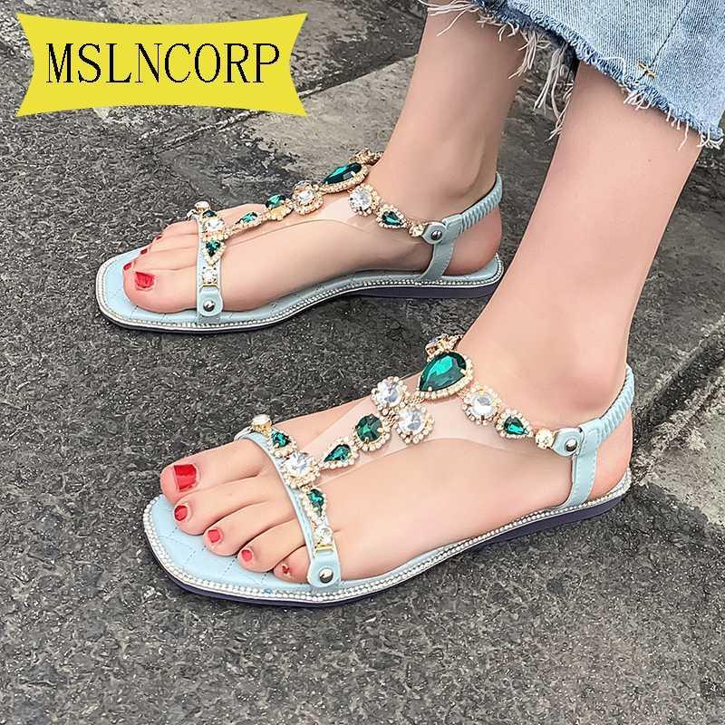 

Plus Size 34-46 Bohemia Rhinestones Chains Woman Sandal Flat Crystal Flip Flops Women Sandals Jewels Chaussures Femme Sandals1, Blue