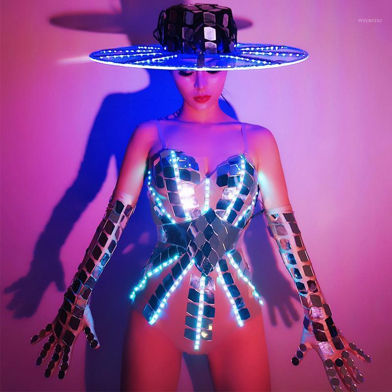 

Stage Costumes Adult LED Shiny Glowing Mirrored Bodysuit Sexy Female Gogo Festival Outfit Nightclub Rave Performance Wear DT29581, As picture