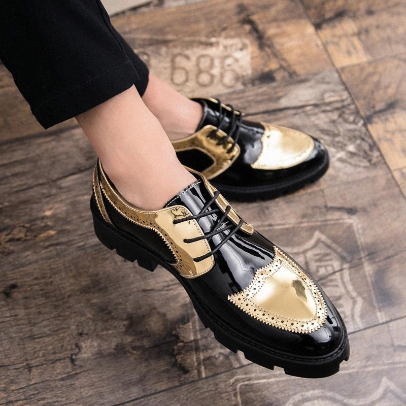 

Men Dress Loafers lace up Business Wedding Men Shoes Breathable Style Banquet Sequin Gold Black Male Shoes Chaussure Homme a4 #Dw1W