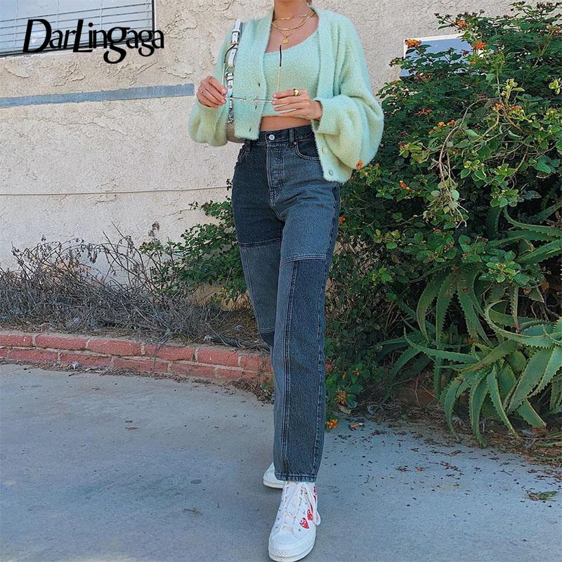 

Darlingaga Fashion Baggy Patchwork Jeans Streetwear Pants Contrast Color Female Trousers Denim Streetwear Jeans Woman High Waist, Blue