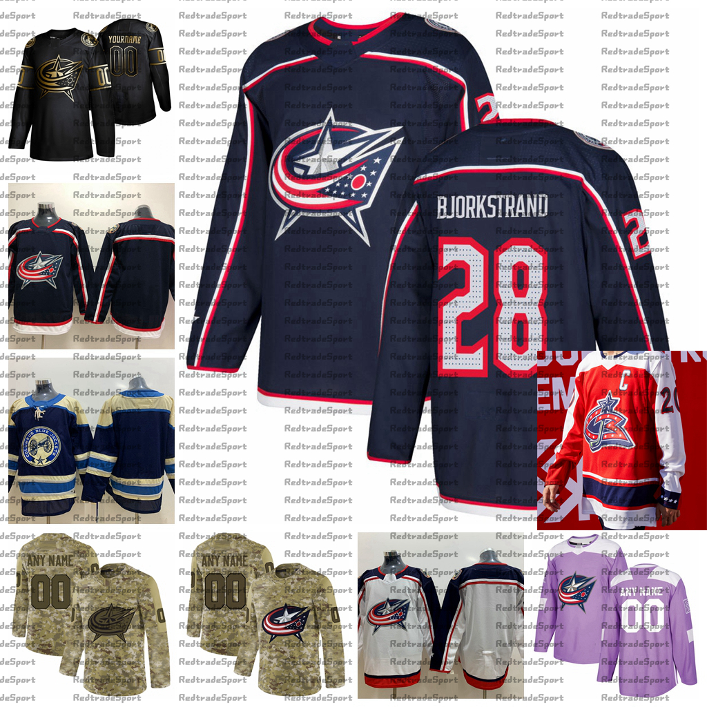 

2021 Reverse Retro Customize #28 Oliver Bjorkstrand Columbus Blue Jackets Jerseys Golden Edition Camo Veterans Day Fights Cancer Jersey, White