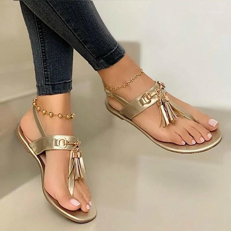 

2020 New Women Summer Beach Sandals Ladies Flats Woman PU Leather Tassel Women's Bohemia Flip Flops Female Beach Shoes Plus Size1, Gold