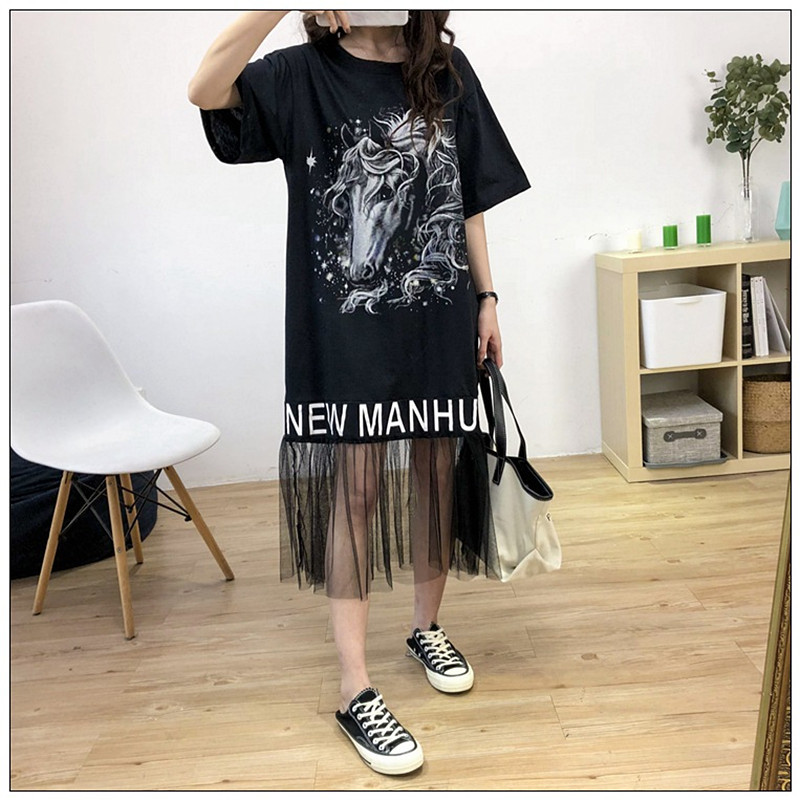 

New Spring Summer Print Sewing Dressed in Women's Naughty Slender Super Large with Short Sleeves H8tz 68YC, Black.