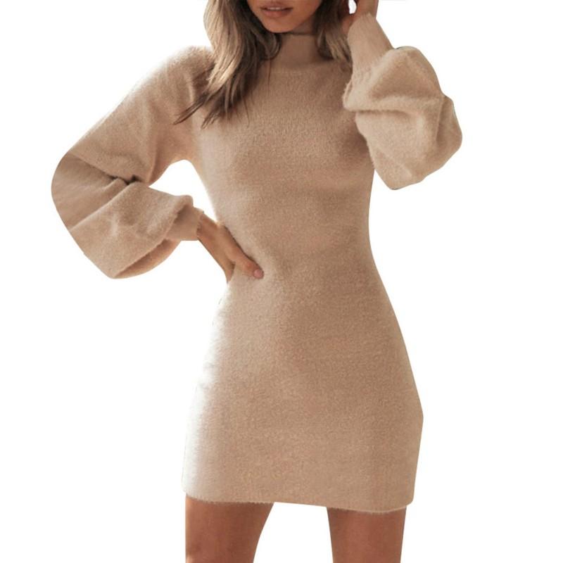 

Autumn Winter Turtleneck Warm Plush Dress Women Solid Color Long Sleeve Dresses Party Bodycon Mini Vestidos, Khaki