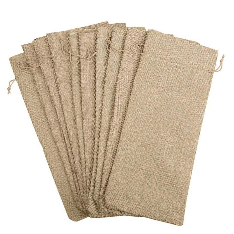 

10pcs Jute Wine Bags, 14 x 6 1/4 inches Hessian Wine Bottle Gift Bags with Drawstring