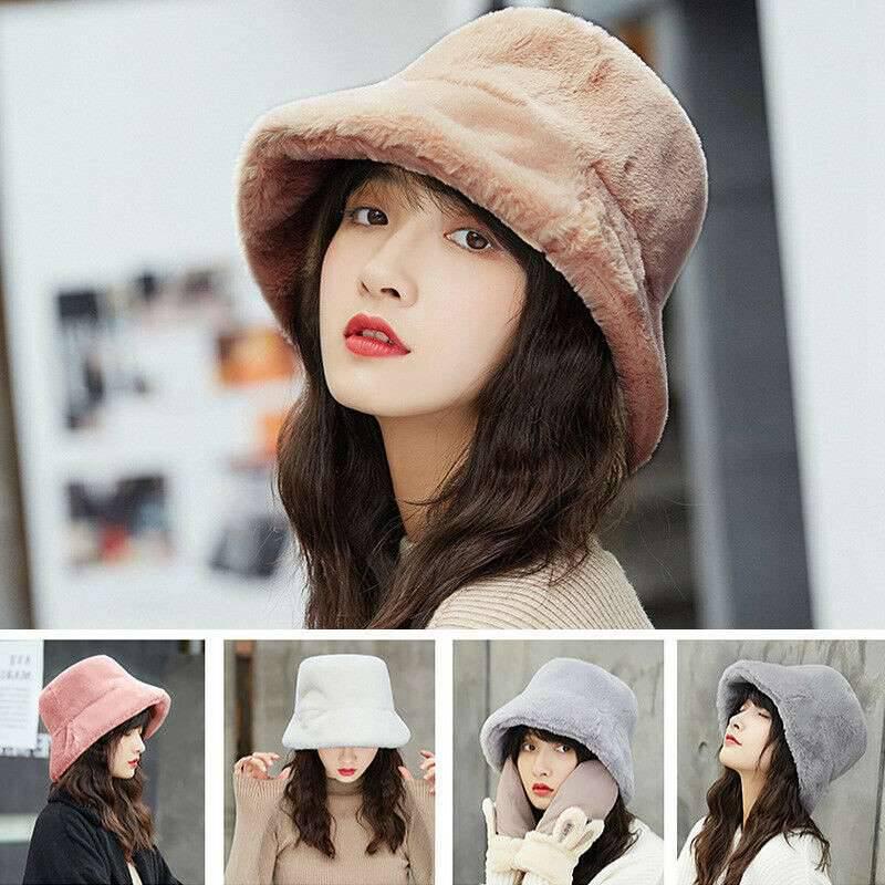 

Women Winter Fluffy Plush Bucket Hat Ladies Warm Faux Fur Fisherman Cap Hat, White